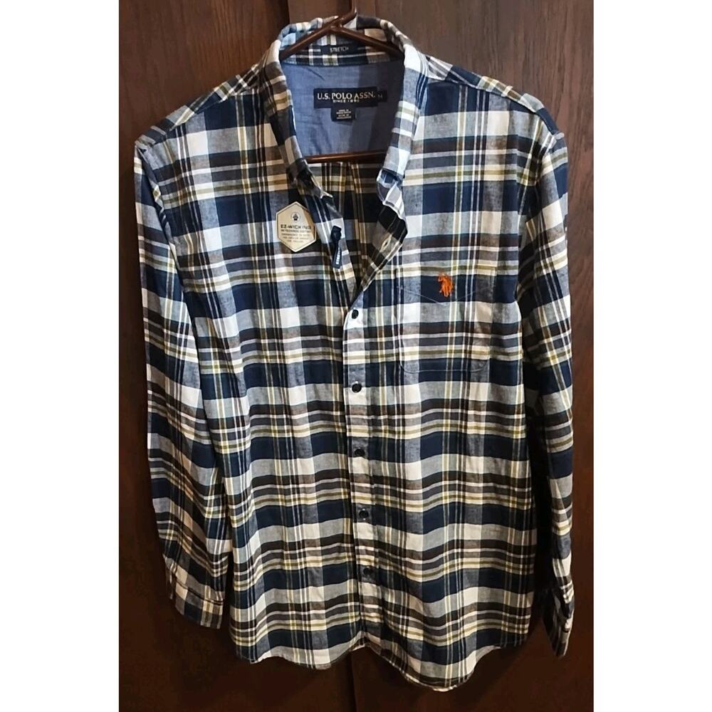US. Polo Assn. Flannel Shirt Mens Medium Brown Green White Stretch plaid woven